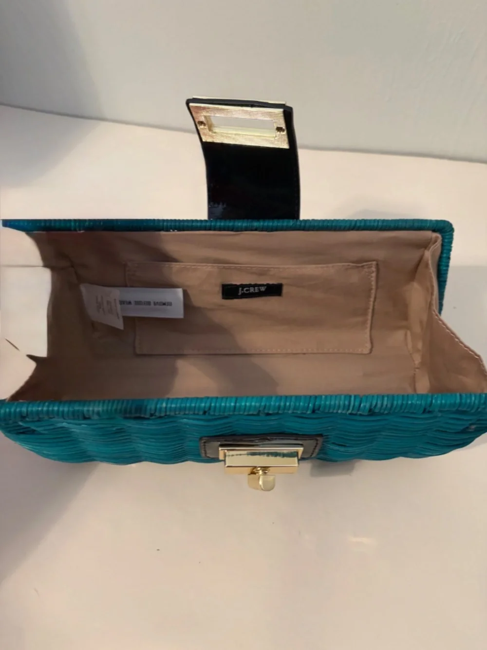 J.Crew Teal Woven Clutch with Black Patent Flap & Gold Turn-Lock